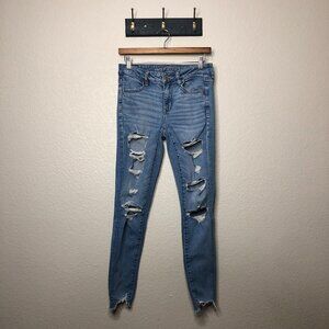 American Eagle Blue Wash Jegging Women's 6 Distressed Thrashed Streetwear Preppy
